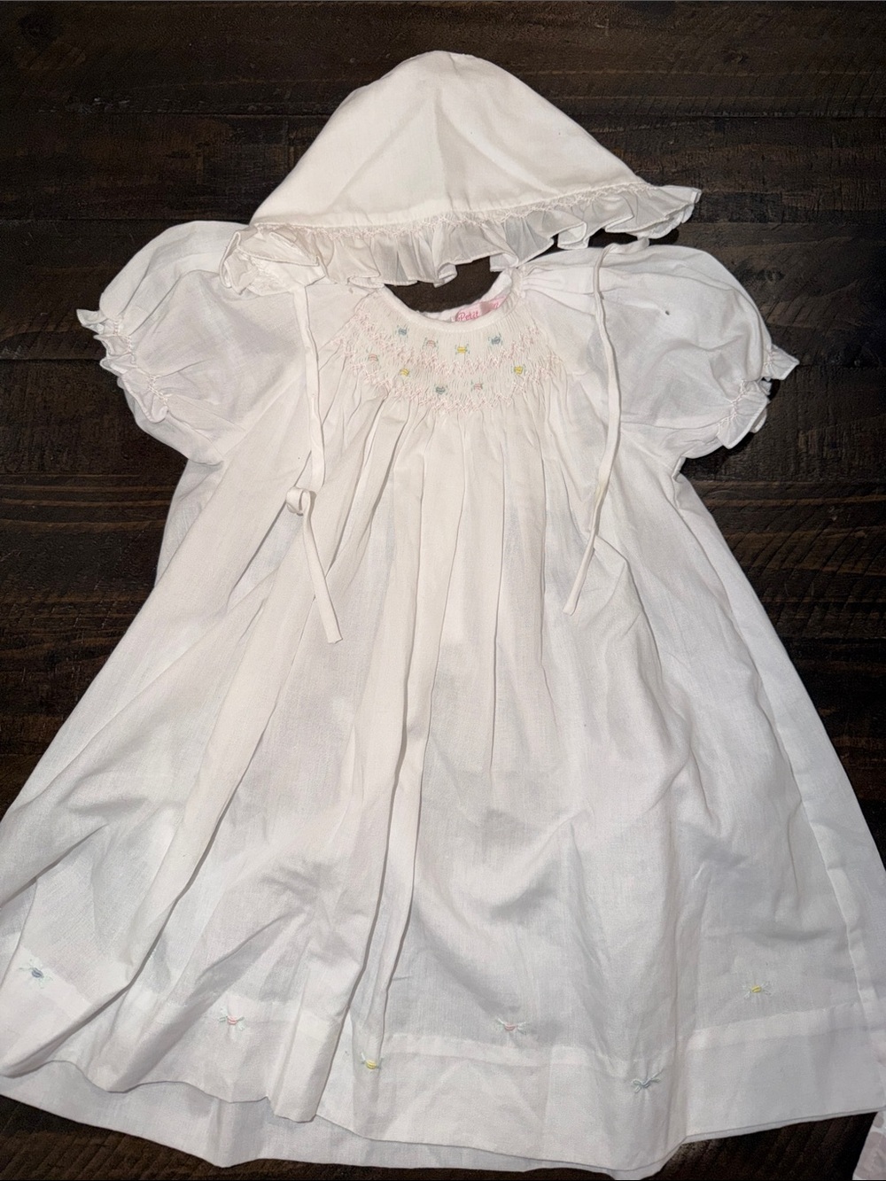 Petit Ami White Hooded Smocked Baby Dress with Pastel Embroidery